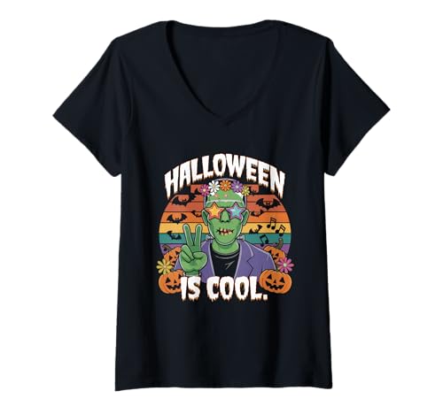 Damen Halloween Kostüm Geist Monster Spooky Skull Zombie T-Shirt mit V-Ausschnitt von Halloween TShirt Geister Spooky Monster Party