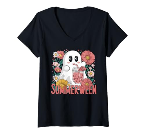 Damen Halloween Kostüm Geist Monster Spooky Skull Zombie T-Shirt mit V-Ausschnitt von Halloween TShirt Geister Spooky Monster Party