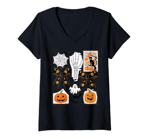 Damen Halloween Kostüm Geist Monster Spooky Skull Zombie T-Shirt mit V-Ausschnitt von Halloween TShirt Geister Spooky Monster Party