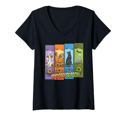 Damen Halloween Kostüm Geist Monster Spooky Skull Zombie T-Shirt mit V-Ausschnitt von Halloween TShirt Geister Spooky Monster Party