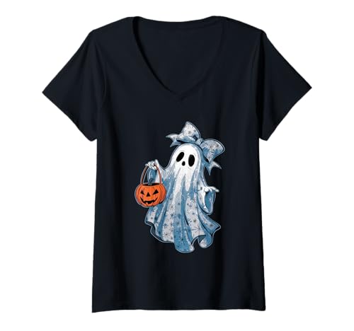 Damen Halloween Kostüm Geist Monster Spooky Skull Zombie T-Shirt mit V-Ausschnitt von Halloween TShirt Geister Spooky Monster Party