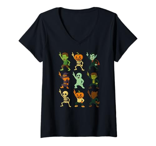 Damen Halloween Tanzende Monster Gruselige Disco Tanz Zombie T-Shirt mit V-Ausschnitt Damen Halloween Tanzende Monster Gruselige Disco Tanz Zombie T-Shirt mit V-Ausschnitt von Halloween Tanzende Monster Skelett Kürbis