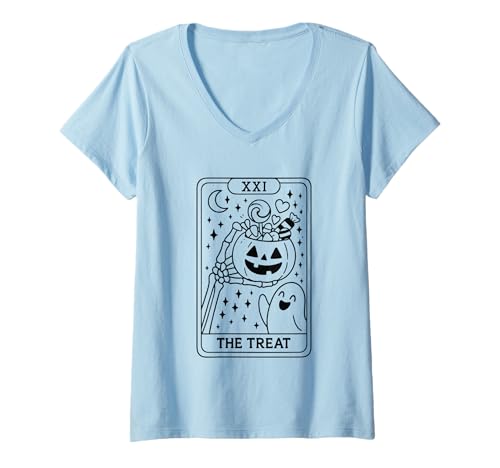 Damen The Treat Tarotkarte Halloween Design T-Shirt mit V-Ausschnitt Damen The Treat Tarotkarte Halloween Design T-Shirt mit V-Ausschnitt von Halloween Tarot Card Skeleton Ghost