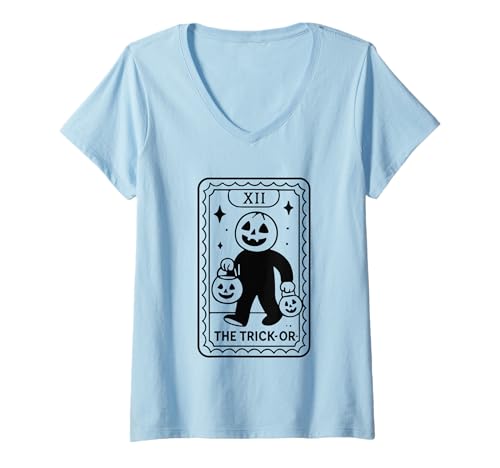 Damen The Trick-or Treat Tarotkarten-Design T-Shirt mit V-Ausschnitt Damen The Trick-or Treat Tarotkarten-Design T-Shirt mit V-Ausschnitt von Halloween Tarot Card Trick-or-Treat