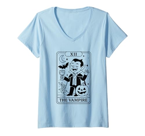 Damen The Vampire Halloween Tarotkarte XII T-Shirt mit V-Ausschnitt Damen The Vampire Halloween Tarotkarte XII T-Shirt mit V-Ausschnitt von Halloween Tarot Card Vampire Theme