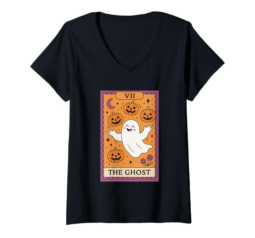 Damen The Ghost Tarotkarte Halloween Vibes T-Shirt mit V-Ausschnitt Damen The Ghost Tarotkarte Halloween Vibes T-Shirt mit V-Ausschnitt von Halloween Tarot Ghost Spooky Pumpkins