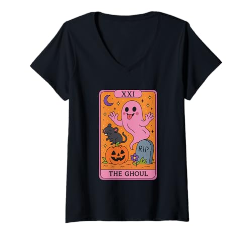 Damen XXI The Ghoul Halloween Tarotkarte T-Shirt mit V-Ausschnitt von Halloween Tarot Ghoul Spooky Night