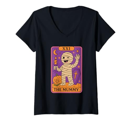 Damen XXI The Mummy Halloween Tarotkarte Spaß T-Shirt mit V-Ausschnitt Damen XXI The Mummy Halloween Tarotkarte Spaß T-Shirt mit V-Ausschnitt von Halloween Tarot Mummy Pumpkin Waving