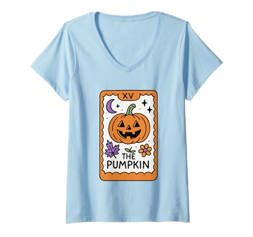 Damen The Pumpkin Tarotkarte Halloween Magic T-Shirt mit V-Ausschnitt Damen The Pumpkin Tarotkarte Halloween Magic T-Shirt mit V-Ausschnitt von Halloween Tarot Pumpkin Card