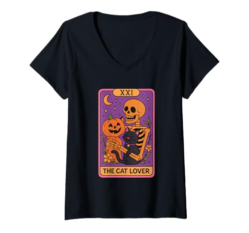 Damen The Cat Lover Skeleton Pumpkin Tarotkarte T-Shirt mit V-Ausschnitt Damen The Cat Lover Skeleton Pumpkin Tarotkarte T-Shirt mit V-Ausschnitt von Halloween Tarot Skeleton Pumpkin Cat Magic