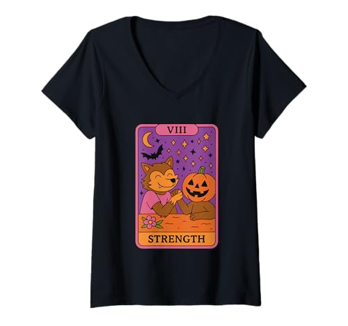 Damen Halloween Tarotkarte Stärke Wolf Kürbis VIII T-Shirt mit V-Ausschnitt Damen Halloween Tarotkarte Stärke Wolf Kürbis VIII T-Shirt mit V-Ausschnitt von Halloween Tarot Wolf Pumpkin Strength Magic
