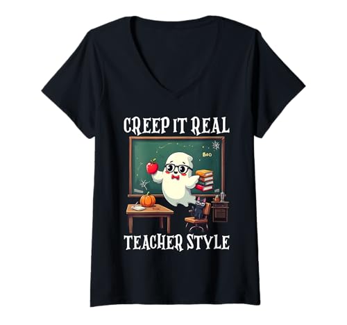 Damen Cute Ghost Teacher Halloween Creep It Real Teacher Style T-Shirt mit V-Ausschnitt Damen Cute Ghost Teacher Halloween Creep It Real Teacher Style T-Shirt mit V-Ausschnitt von Halloween Teacher Ghost Classroom Costume