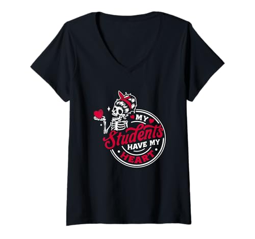 Damen My Students Have My Heart Skelett T-Shirt mit V-Ausschnitt Damen My Students Have My Heart Skelett T-Shirt mit V-Ausschnitt von Halloween Teacher Skeleton Love Students