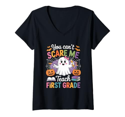Damen Ich unterrichte Kawaii Boo Halloween-Lehrer der ersten Klasse T-Shirt mit V-Ausschnitt Damen Ich unterrichte Kawaii Boo Halloween-Lehrer der ersten Klasse T-Shirt mit V-Ausschnitt von Halloween Teacher Spooky Classroom Vibes