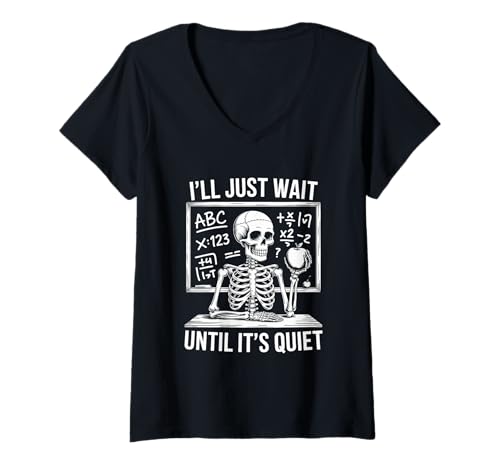 Damen Ich warte einfach, bis es still Wird Lustiger Halloween-Lehrer T-Shirt mit V-Ausschnitt Damen Ich warte einfach, bis es still Wird Lustiger Halloween-Lehrer T-Shirt mit V-Ausschnitt von Halloween Teacher Spooky Classroom Vibes