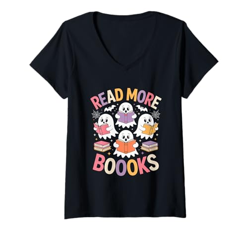 Damen Lesen Sie mehr Bücher Kawaii Boo Halloween Teacher T-Shirt mit V-Ausschnitt Damen Lesen Sie mehr Bücher Kawaii Boo Halloween Teacher T-Shirt mit V-Ausschnitt von Halloween Teacher Spooky Classroom Vibes