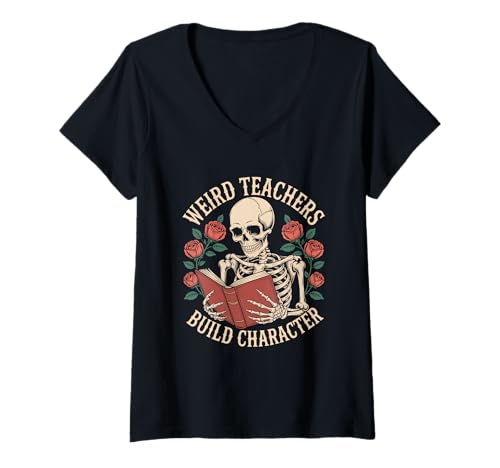 Damen Weird Teachers Build Character Skelett Halloween Lehrer T-Shirt mit V-Ausschnitt Damen Weird Teachers Build Character Skelett Halloween Lehrer T-Shirt mit V-Ausschnitt von Halloween Teacher Spooky Classroom Vibes