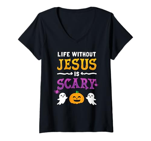 Damen Das Leben ist gruselig ohne Jesus, Christliches Herbst-Halloween-Hemd T-Shirt mit V-Ausschnitt Damen Das Leben ist gruselig ohne Jesus, Christliches Herbst-Halloween-Hemd T-Shirt mit V-Ausschnitt von Halloween Tees - Life is Scary Without Jesus Shirt
