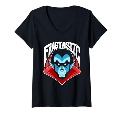 Damen Lustige Fangtastic Halloween Kostüm Vampire Männer Jungen T-Shirt mit V-Ausschnitt von Halloween Teez für Frauen Männer Kinder Jungen