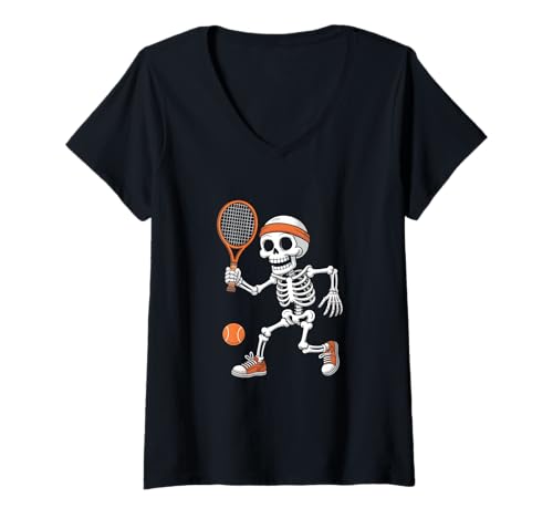 Damen Skelett-Tennisspieler Halloween T-Shirt mit V-Ausschnitt von Halloween Tennis Costumes & Co
