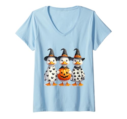 Damen Hexen Enten Halloween Motiv T-Shirt mit V-Ausschnitt Damen Hexen Enten Halloween Motiv T-Shirt mit V-Ausschnitt von Halloween Tiere Hexe Lustig