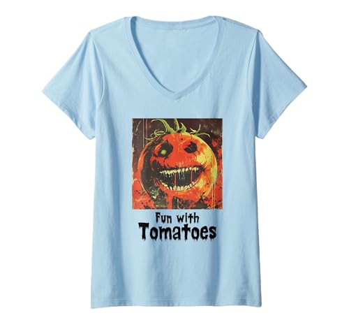 Damen Gruselige Tomate, Halloween, Tomaten T-Shirt mit V-Ausschnitt Damen Gruselige Tomate, Halloween, Tomaten T-Shirt mit V-Ausschnitt von Halloween Tomaten