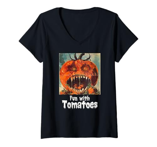 Damen Gruselige Tomate, Halloween, Tomaten T-Shirt mit V-Ausschnitt Damen Gruselige Tomate, Halloween, Tomaten T-Shirt mit V-Ausschnitt von Halloween Tomaten
