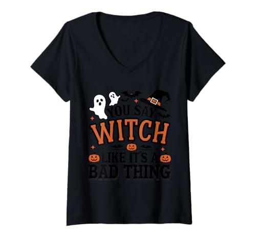 Damen Für Frau Girsl - lustige Hexe mit Kürbissen und Geistern T-Shirt mit V-Ausschnitt Damen Für Frau Girsl - lustige Hexe mit Kürbissen und Geistern T-Shirt mit V-Ausschnitt von Halloween Treats