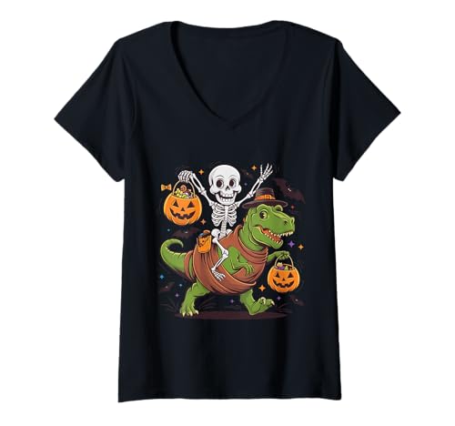 Damen Halloween -Crew - Trick oder Skelett behandeln T-Shirt mit V-Ausschnitt Damen Halloween -Crew - Trick oder Skelett behandeln T-Shirt mit V-Ausschnitt von Halloween Treats