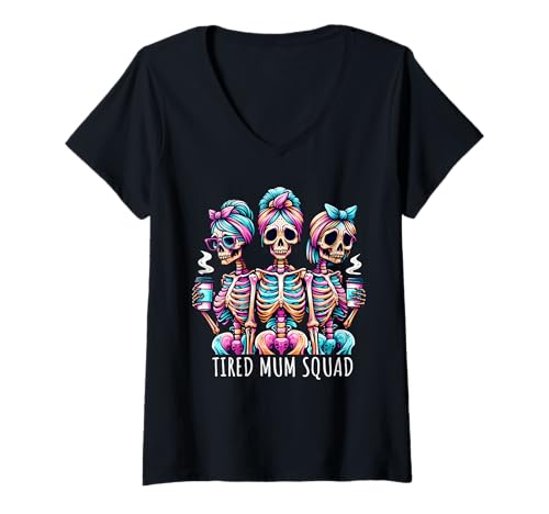 Damen Knochen Kaffee Lustig Gruselig Lustig Lustig Skelett Müde Mum Squad T-Shirt mit V-Ausschnitt Damen Knochen Kaffee Lustig Gruselig Lustig Lustig Skelett Müde Mum Squad T-Shirt mit V-Ausschnitt von Halloween Trickntreat Fun