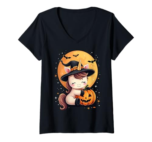 Damen Halloween Einhorn Hexenhut Kürbis Gruselig T-Shirt mit V-Ausschnitt Damen Halloween Einhorn Hexenhut Kürbis Gruselig T-Shirt mit V-Ausschnitt von Halloween Unicorn Pumpkins Bats Costume Tees