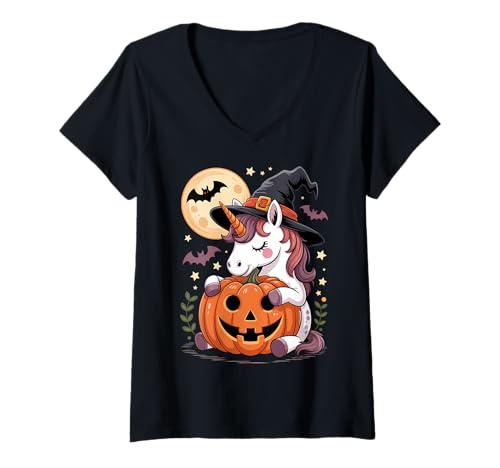 Damen Halloween Einhorn Hexenhut Kürbis Gruselig T-Shirt mit V-Ausschnitt Damen Halloween Einhorn Hexenhut Kürbis Gruselig T-Shirt mit V-Ausschnitt von Halloween Unicorns Pumpkins Bats Costumes Tees