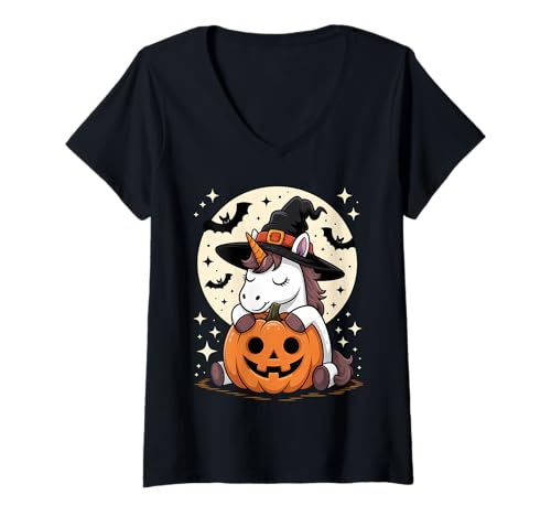 Damen Halloween Einhorn Hexenhut Kürbis Gruselig T-Shirt mit V-Ausschnitt Damen Halloween Einhorn Hexenhut Kürbis Gruselig T-Shirt mit V-Ausschnitt von Halloween Unicorns Pumpkins Bats Tees Costumes