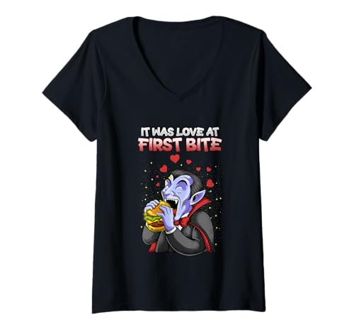 Damen Es war Liebe auf den ersten Bite Burger Halloween Foodie Vampire T-Shirt mit V-Ausschnitt Damen Es war Liebe auf den ersten Bite Burger Halloween Foodie Vampire T-Shirt mit V-Ausschnitt von Halloween Vampire Burger Horror Creepy Tee