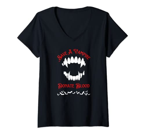 Damen Halloween Vampir Zähne Goth Lustig Gothic Schwarz und Rot T-Shirt mit V-Ausschnitt Damen Halloween Vampir Zähne Goth Lustig Gothic Schwarz und Rot T-Shirt mit V-Ausschnitt von Halloween Vampire Spooky Goth Haunted Funny