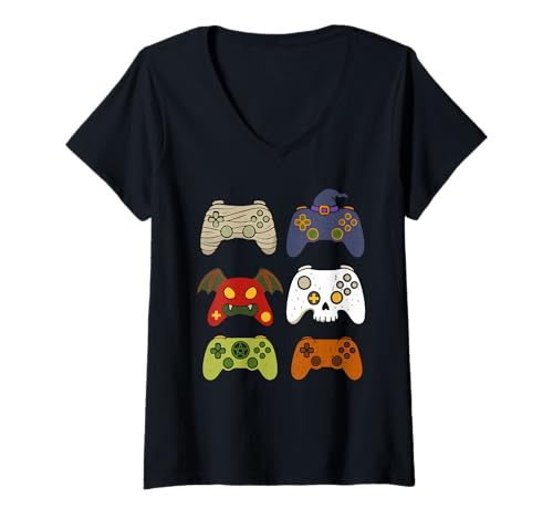 Damen Zombie Bat Wizard Pumpkin Gaming Controllers Halloween T-Shirt mit V-Ausschnitt Damen Zombie Bat Wizard Pumpkin Gaming Controllers Halloween T-Shirt mit V-Ausschnitt von Halloween Video Gaming Consoles Graphic For Gamers