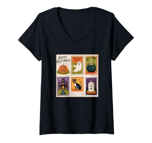 Damen Happy Halloween Trick or Treat Black Cat Haunted T-Shirt mit V-Ausschnitt Damen Happy Halloween Trick or Treat Black Cat Haunted T-Shirt mit V-Ausschnitt von Halloween Vintage Spooky Ghost Cat Pumpkin