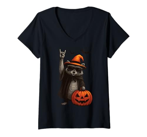 Damen Waschbär Halloween T-Shirt mit V-Ausschnitt Damen Waschbär Halloween T-Shirt mit V-Ausschnitt von Halloween Waschbär Gruselig Süß Sonnenbrille