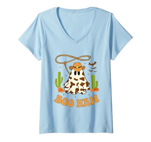 Damen Halloween Western Cowboy Kostüm Geist Cowboy Boo Haw Kinder T-Shirt mit V-Ausschnitt von Halloween Western Cowboy Costume Ghost Cowboy Tees