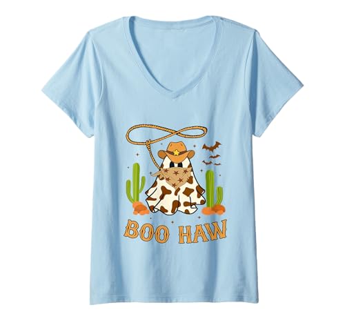 Damen Lustiges Boo Haw Ghost Western Cowboy Halloween Cowgirl Kostüm T-Shirt mit V-Ausschnitt von Halloween Western Cowboy Costume Ghost Cowboy Tees