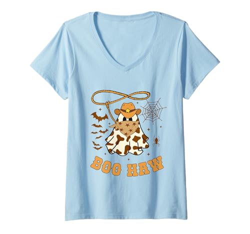 Damen Lustiges Boo Haw Ghost Western Cowboy Halloween Cowgirl Kostüm T-Shirt mit V-Ausschnitt von Halloween Western Cowboy Costume Ghost Cowboy Tees