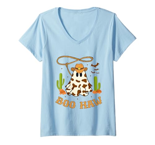 Damen Lustiges Halloween Western Cowboy Kostüm Geist Cowboy Boo Haw T-Shirt mit V-Ausschnitt von Halloween Western Cowboy Costume Ghost Cowboy Tees
