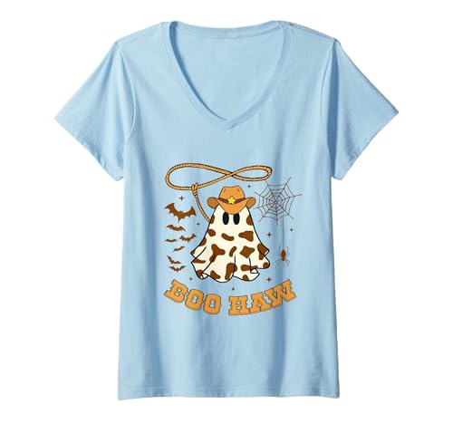 Damen Lustiges Halloween Western Cowboy Kostüm Geist Cowboy Boo Haw T-Shirt mit V-Ausschnitt von Halloween Western Cowboy Costume Ghost Cowboy Tees
