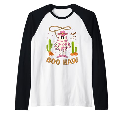 Boo Haw Ghost Western Cowgirl Halloween Kostüm für Damen Raglan von Halloween Western Cowboy Costume Ghost Cowgirl Tee