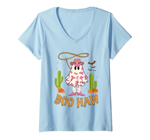 Damen Boo Haw Funny Ghost Western Cowgirl Halloween Kostüm Damen T-Shirt mit V-Ausschnitt Damen Boo Haw Funny Ghost Western Cowgirl Halloween Kostüm Damen T-Shirt mit V-Ausschnitt von Halloween Western Cowboy Costume Ghost Cowgirl Tee