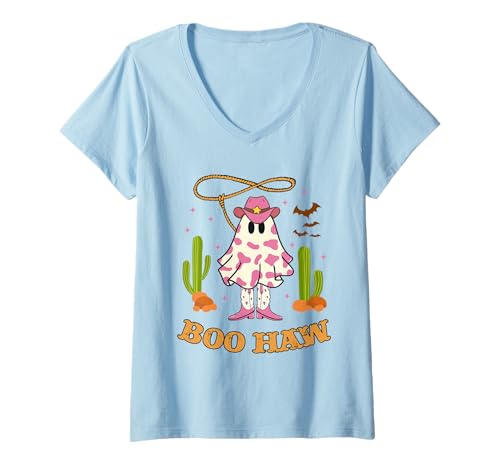 Damen Boo Haw Ghost Western Cowgirl Halloween Kostüm Damen Mädchen T-Shirt mit V-Ausschnitt Damen Boo Haw Ghost Western Cowgirl Halloween Kostüm Damen Mädchen T-Shirt mit V-Ausschnitt von Halloween Western Cowboy Costume Ghost Cowgirl Tee