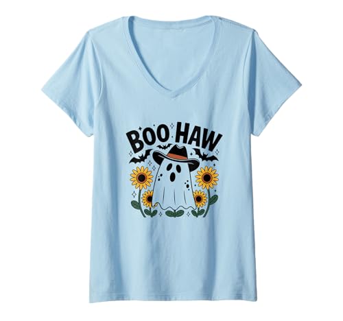 Damen Boo Haw Ghost Sonnenblumen Halloween Fun T-Shirt mit V-Ausschnitt von Halloween Western Ghost Sunflowers Boo