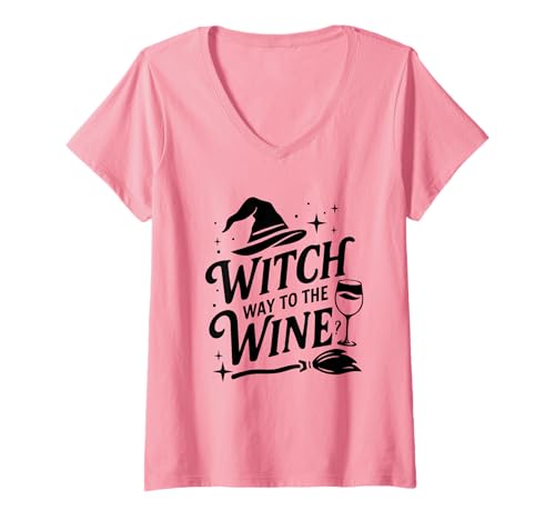 Damen Witch Way to The Wine Lustiges Halloween-Kostüm T-Shirt mit V-Ausschnitt Damen Witch Way to The Wine Lustiges Halloween-Kostüm T-Shirt mit V-Ausschnitt von Halloween Wine Shirts For Women Wine Lover Shirts