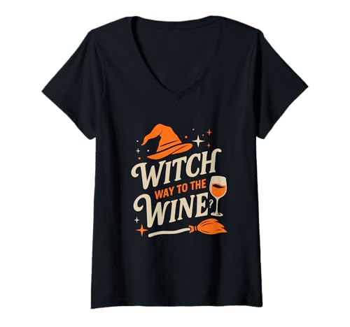 Damen Witch Way to The Wine Lustiges Halloween-Kostüm T-Shirt mit V-Ausschnitt Damen Witch Way to The Wine Lustiges Halloween-Kostüm T-Shirt mit V-Ausschnitt von Halloween Wine Shirts For Women Wine Lover Tee