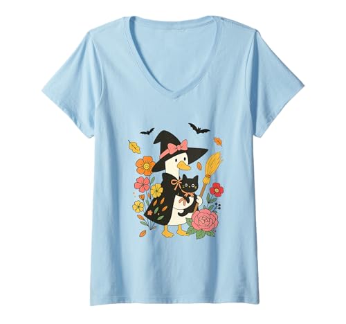 Damen Ente Hexe und Katze Halloween Magic T-Shirt mit V-Ausschnitt Damen Ente Hexe und Katze Halloween Magic T-Shirt mit V-Ausschnitt von Halloween Witch Animals Magic Charm